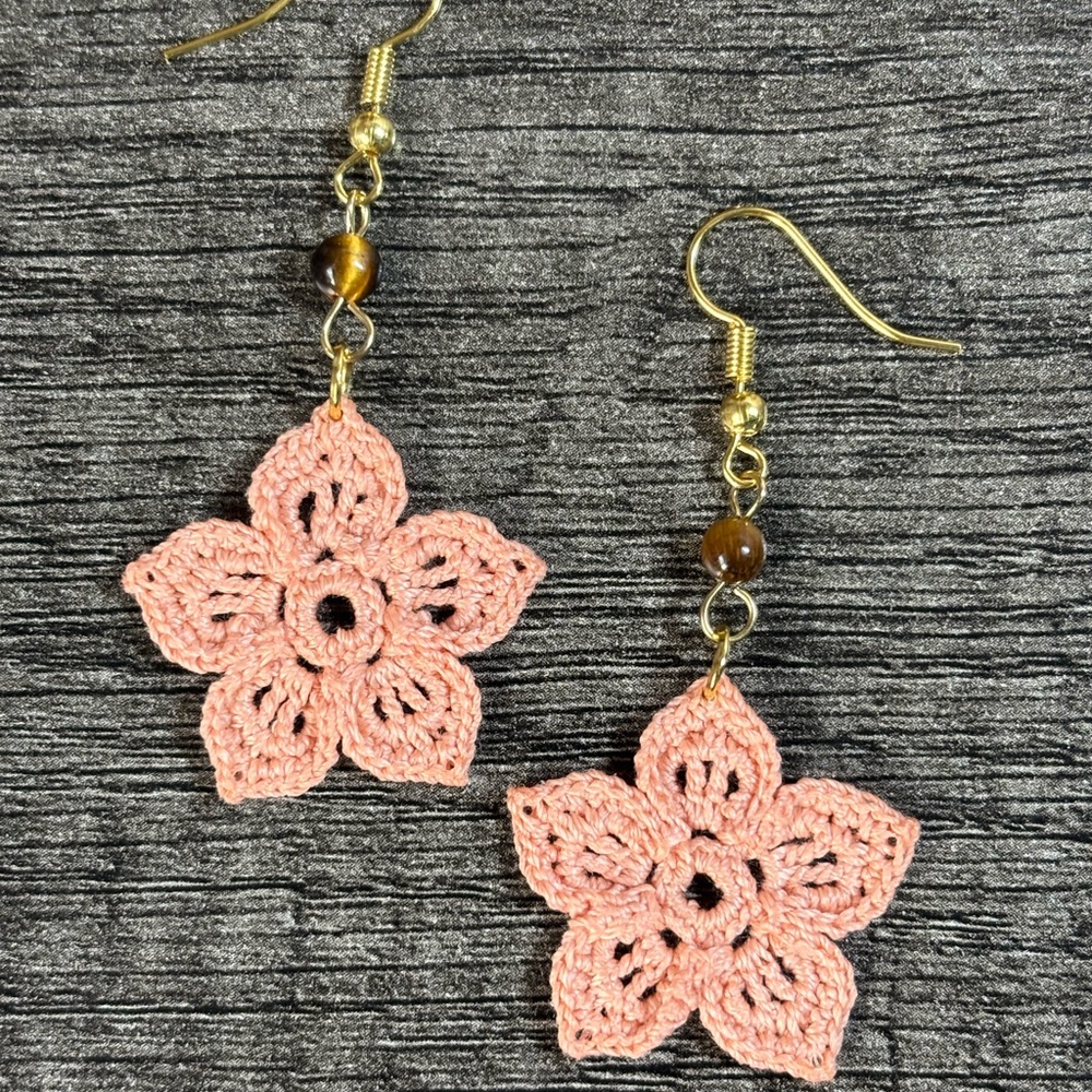 Delicate Peach Floral Crochet Earrings with Gold Accents
